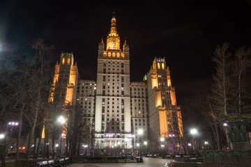 Fototapeta na wymiar Russian Moscow old high rise building in the night