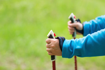 Nordic walking exercise adventure hiking concept - closeup of elderly woman's hand holding nordic walking poles.