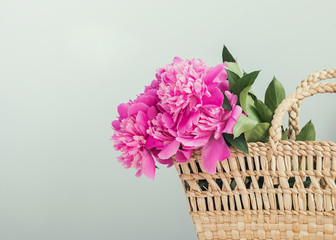 Pink peonies in straw basket with copy space.