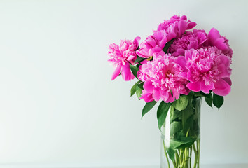 Pink peonies in glass vase near the white wall with copy space