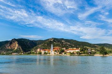 Fototapeta na wymiar Durnstein along the Danube River in the picturesque Wachau Valley