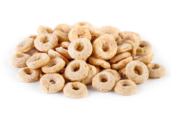 healthy cereal rings on white background. Good morning. A healthy, healthy breakfast. Dry muesli.