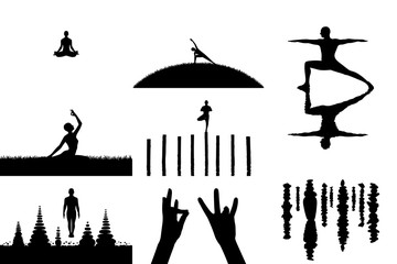 Set of vector illustrations with people in yoga poses (asanas). Isolated silhouettes of yogis practicing outdoors. Black and White