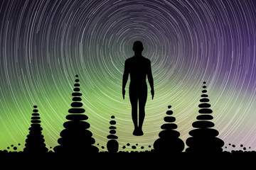 Yoga at night. Vector conceptual illustration with silhouette of yogi in pose of tadasana and pyramids of stones. Rotation of stars. Northern lights in starry sky