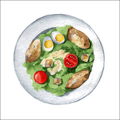 Caesar salad with chicken breast, croutons, eggs and tomatoes. Vector - 207264868