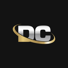 Initial letter DC, overlapping swoosh ring logo, silver gold color on black background