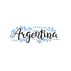 Hand written calligraphic lettering quote Argentina with decorative elements in flag colors. Isolated objects on white background. Vector illustration. Design concept for independence day banner.