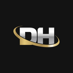 Initial letter DH, overlapping swoosh ring logo, silver gold color on black background