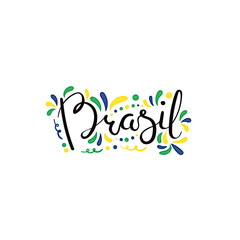 Hand written calligraphic lettering quote Brasil Brazil with decorative elements in flag colors. Isolated objects on white background. Vector illustration. Design concept for independence day banner