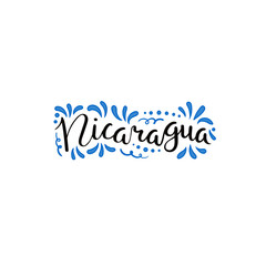 Hand written calligraphic lettering quote Nicaragua with decorative elements in flag colors. Isolated objects on white background. Vector illustration. Design concept for independence day banner.