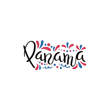 Hand written calligraphic lettering quote Panama with decorative elements in flag colors. Isolated objects on white background. Vector illustration. Design concept for independence day banner.