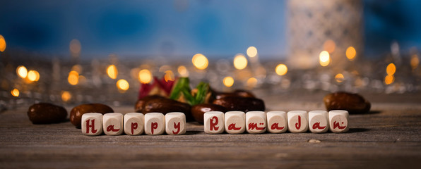 Congratulation HAPPY RAMADAN composed of wooden dices