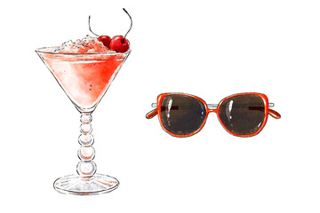 Colorfu hand-drawn illustration of delicious smoothie of fresh fruit and stylish sunglasses. Fresh summer cocktail in a beautiful glass. Healthy beverage and summer accessory.