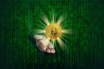 Bitcoin golden metallic coin on business hand with binary code of matrix effect background.