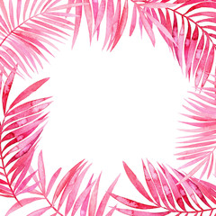 Fototapeta na wymiar Watercolor frame of pink tropical leaves