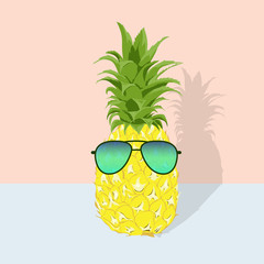 Pineapples wearing sunglasses minimal art style.Exotic tropical fruit on pastel color background.printing wallpaper.vector illustration