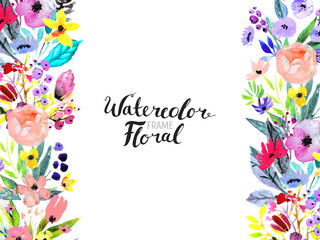 Watercolor Floral Background. Hand painted border of flowers. Painting isolated on white and brush lettering. Rose, poppy and peony illustration Spring blossom
