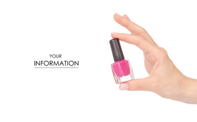 Pink nail polish in hand pattern on white background isolation