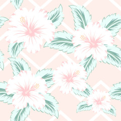 Fototapeta na wymiar Seamless pattern pastel color Hibiscus tropical flowers on zig zag background.printing wallpaper.vector illustration