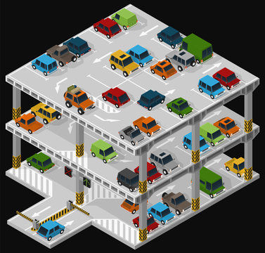 Vector isometric illustration of a multi storey car park and parked vehicles describing the internal structure of a multi-level parking garage.