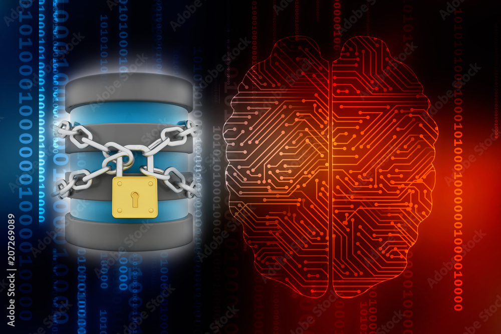 Poster 3d illustration database storage security concept. disk with lock