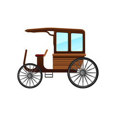 Fototapeta na wymiar Flat vector icon of old carriage with wooden cab and big wheels. Vintage passengers transport