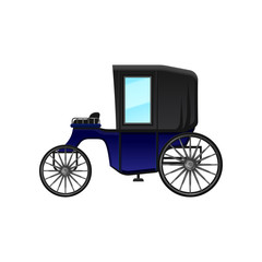 Vintage carriage with blue cab and big wheels. Antique wagon for passengers. Flat vector element for poster or book