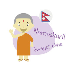 Vector illustration of cartoon character saying hello and welcome in Nepali