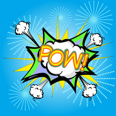 Pow, colorful speech bubble and explosions in pop art style. Elements of design comic books. Vector