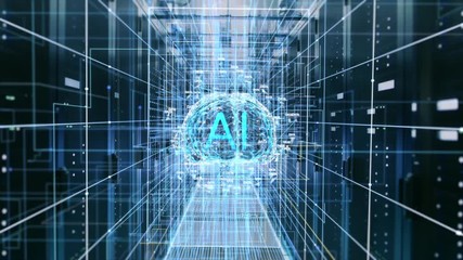 The Concept of Digital Brain: Abstraction of Functional Artificial Intelligence in the Data Center with Streams of Information Going through It. AI Letters inside the Brain. 4K UHD. - Powered by Adobe