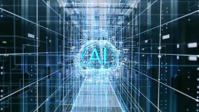 The Concept of Digital Brain: Abstraction of Functional Artificial Intelligence in the Data Center with Streams of Information Going through It. AI Letters inside the Brain. 4K UHD.