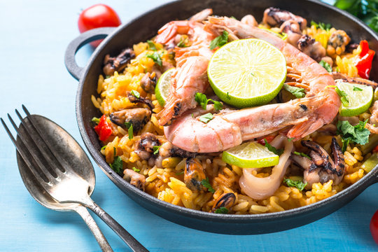 Seafood paella with shrimps, mussel and octopus.