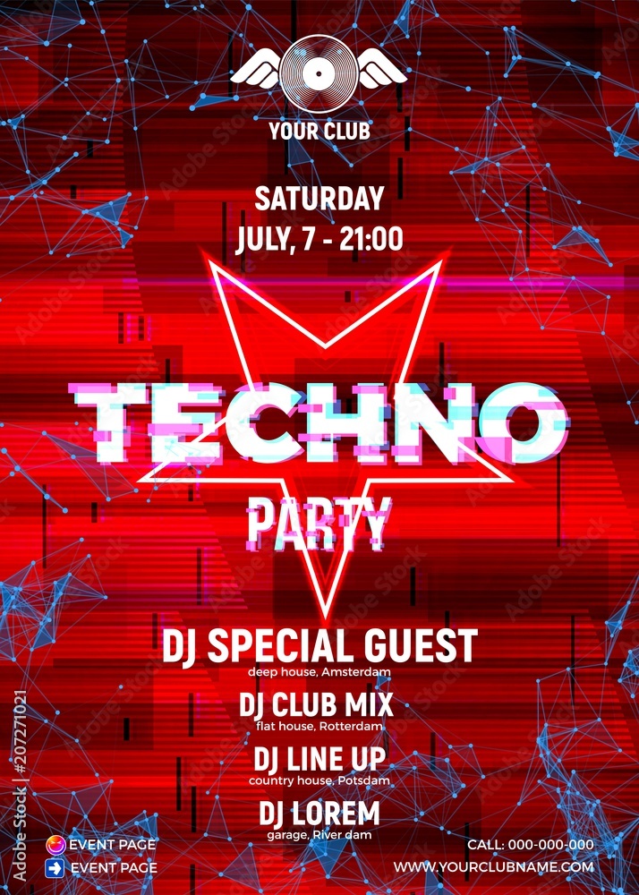 Poster glitch party poster with blue background and triangle for techno