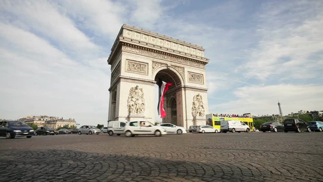  French flag under Arc de Triomphe built by Napoleon, Etiole, Paris, France, Europe