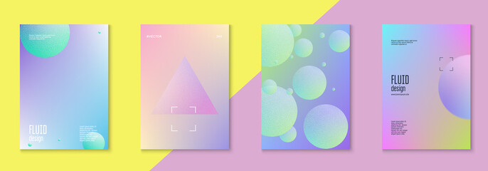 Holographic fluid set with circles. Geometric shapes on gradient background. Modern hipster template for placard, cover, banner, flyer, presentation, annual. Minimal holographic fluid in neon colors.