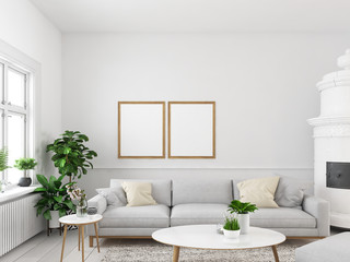 living room with empty picture frames and fireplace. 3d rendering