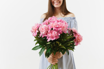 Cropped young tender woman in blue dress holding bouquet of beautiful pink peonies flowers isolated on white background. St. Valentine's Day International Women's Day holiday concept. Advertising area