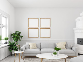 Fototapeta premium living room with empty picture frames and fireplace. 3d rendering