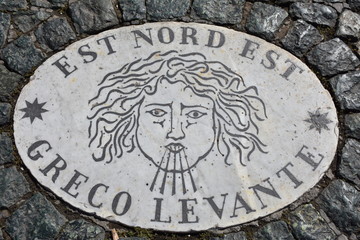 Rome. Granite plate with indication of the names of the winds, located on the floor of the Piazza of San Pietro in the Vatican.