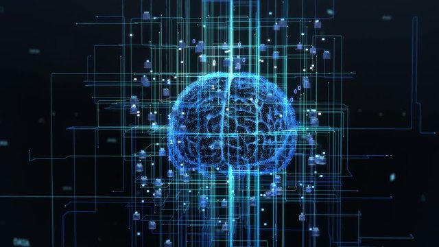 Concept of the Digital Brain of Artificial Intelligence Machine, with Symmetrical Streams of Information and Data Growing Out of the Brain.