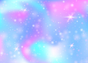 Naklejka na ściany i meble Hologram background with rainbow mesh. Trendy universe banner in princess colors. Fantasy gradient backdrop. Hologram unicorn background with fairy sparkles, stars and blurs.
