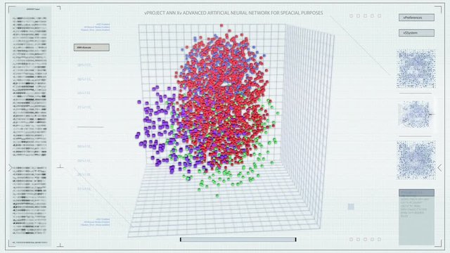 The Concept of: Dark Visualization of Neural Network Working in a Cube. Various Clusters of Multi Colored Information Bits.