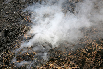 Smoke from charcoal in a traditional manner forest.