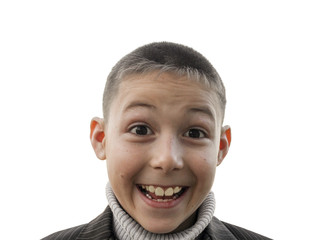 portrait of a joyful and surprised shaten boy 8 years old, isolated on white background