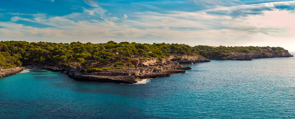 Fototapeta premium Mediterranean coastal landscape. Mallorca, Spain. Blue sea and green trees. Clear sky