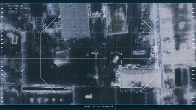 Top Down Night Vision Satellite Surveillance Footage of Moving Minivan with Suspects. Pixelated Footage Sharpening with Loading.