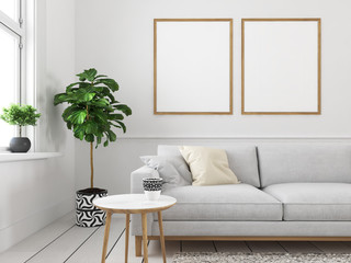 living room with empty picture frames. 3d rendering