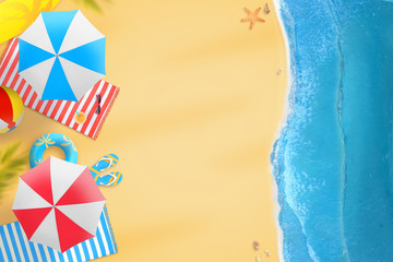 Obraz premium Summer vacation beach scene with parasol, palms and items for beach relax. Free space for text. Top view.