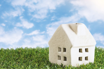 Little house on green grass with blue sky background,feel fresh and happy to living