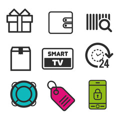 Present box icon. Smart TV symbol. Lifebouy icon. Price tag sign. 24h open and Package icons. Eps10 Vector.